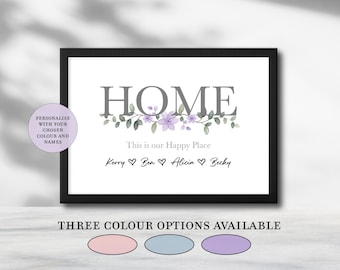 Personalised HOME Wall Art | Custom Family Names Print, Floral Illustration, housewarming Gift