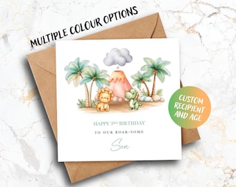 Personalised Dinosaur Birthday Card, Custom Age Son Daughter Grandson Granddaughter Niece Nephew Birthday