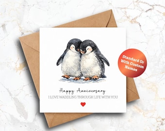 Personalised Penguin Anniversary Card, Romantic Couple Love Card, Custom Name
