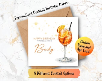 Personalised Cocktail Birthday Card, Custom Name Age, Aperol Spritz Mojito Martini