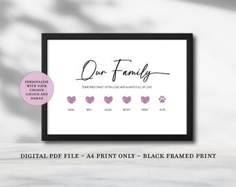 Custom Family Print • Personalized Name Wall Art, Pet Option • A4 Gift