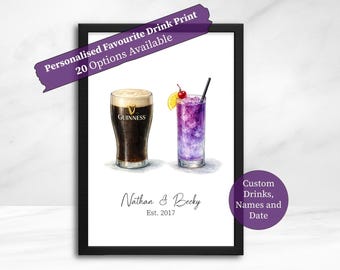 Personalised Couple Drink Print | Custom Bar Wall Art, Name and date print