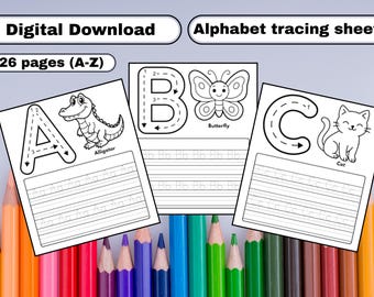 Hojas de trabajo imprimibles para trazar el alfabeto / Letras y sonidos del abecedario / Práctica de escritura a mano para preescolar / Actividades de aprendizaje para niños / Descarga digital