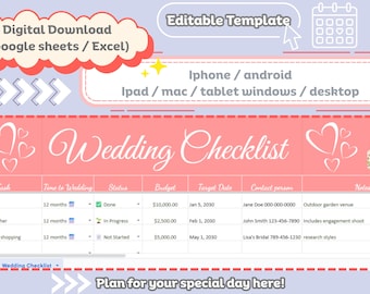 Planificador de listas de verificación para bodas / Editable / Descarga digital