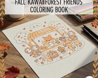 Könnte beinhalten: Ein Malbuch mit dem Titel "Fall Kawaii Forest Friends Coloring Book" mit einer skurrilen Illustration einer Waldszene mit niedlichen Tieren und Sonnenblumen. Enthält eine Tasse, Bleistifte und Stifte.