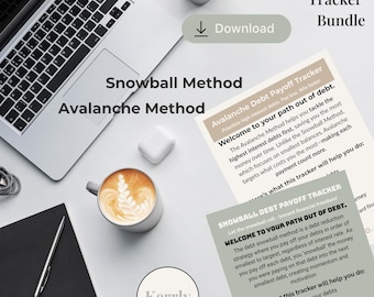 May include: A top-down view of a workspace with a laptop, coffee, and debt tracker bundle. The bundle includes the "Snowball Method" and "Avalanche Method" for debt payoff. The image also includes the text "Download".