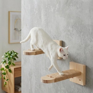 May include: A white cat uses two wooden cat shelves fixed to a grey wall. Each shelf has a rounded edge and a woven sisal surface. The shelves are attached to the wall with wooden supports. The cat is walking down the shelves.