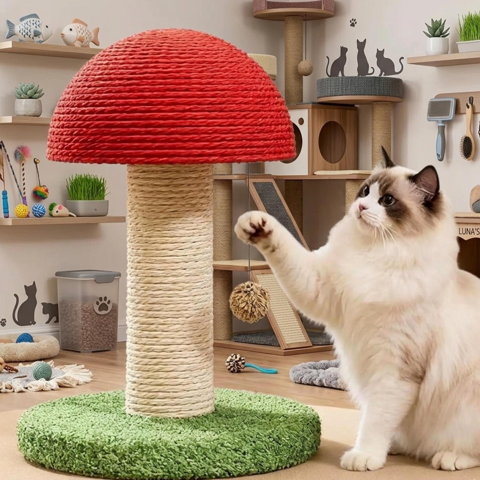 PETEPELA Mushroom Cat Scratching Post - Cute Sisal Scratcher With Pompom Toys For Indoor Cats