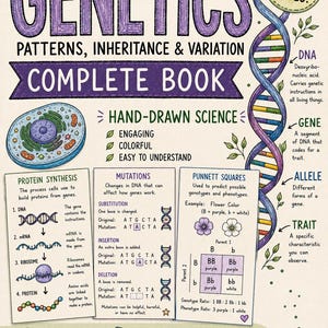 以下が含まれることがあります： 「Genetics: Patterns, Inheritance & Variation」と題された44ページの教育用ブック。表紙には、細胞、DNA二重らせん、タンパク質合成のステップ、突然変異の例、パネットの方形図が手描きイラストで描かれています。