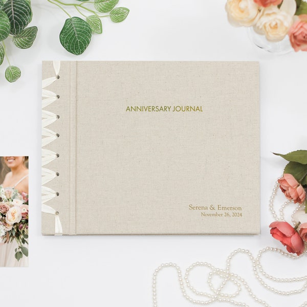 Anniversary Journal Natural Linen Personalized Gold Embossed First Paper Anniversary Gift Wedding Couple Engagement Bridal Shower Gift