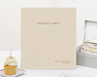 Birthday Card Binder with Natural Linen Cover and Personalized Gold Embossed Album Gift