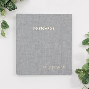 Large Postcard Album with Dove Gray Cotton Cover | 2 Postcards Per Clear Sleeve | Holds 5x7 Postcards | Shows Both Front and Back of Cards