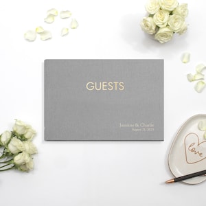Personalized Guest Book - 7 x 10 Custom Silver Silk Wedding Guestbook Sign-in for Reception Engagement Party Modern Blank Polaroid Luxury