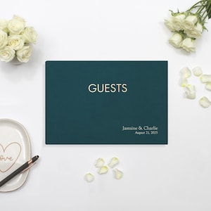 Personalized Guest Book - 7 x 10 Custom Teal Cotton Wedding Guestbook Sign-in for Reception Engagement Party Modern Blank Polaroid Luxury