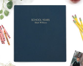 Personalized School Years Memory Binder with Navy Blue Cotton Cover | Childhood Class Memories Custom  Keepsake Graduation Student Gift