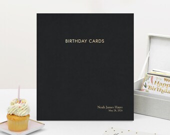 Personalized Birthday Card Binder with Black Vegan Leather Cover Gold Embossed Album Gift