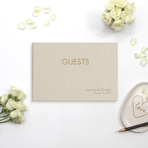 Personalized Guest Book - 7 x 10 Custom Linen Leather Wedding Guestbook Sign-in for Reception Engagement Party Modern Blank Polaroid Luxury