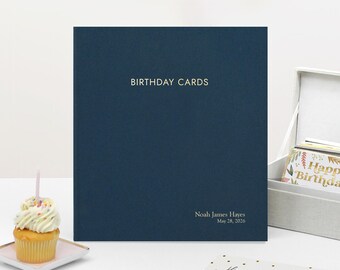 Personalized Birthday Card Binder with Navy Blue Cotton Cover Gold Embossed Album Gift