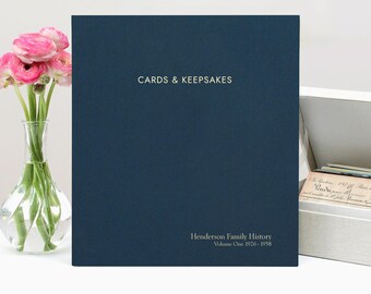 Personalized Cards & Keepsakes Binder with Navy Blue Cotton Cover Gold Embossed Album Gift
