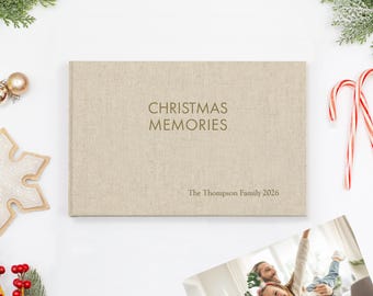 Christmas Memories Album | Personalized | Natural Linen Cover | Holds 50 Photos & Cards