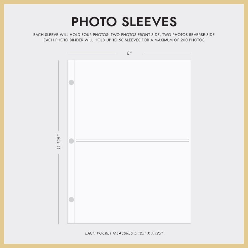 May include: White photo sleeves with two pockets for holding photos. Each sleeve measures 5.125 inches by 7.125 inches. The sleeves are 11.125 inches tall and 8 inches wide. Each sleeve holds four photos: two on the front side and two on the reverse side. A photo binder can hold up to 50 sleeves, for a maximum of 200 photos.