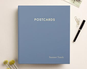 Large Postcard Album with Ocean Blue Vegan Leather | 2 Postcards Per Clear Sleeve | Holds 5x7 Postcards | Shows Front and Back of Cards