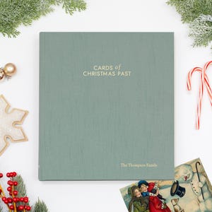 PERSONALIZED Cards of Christmas Past Album | Robin&#39;s Egg Silk Cover | Includes your Custom Gold Foil Embossing | Up to 100 Cards | 1&quot; Ring