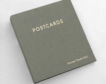 Medium Postcard Album with Moss Vegan Leather Cover | 2 Postcards Per Clear Sleeve | Holds 4x6 Postcards | Shows Front and Back of Cards