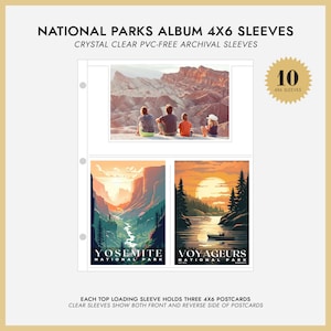 May include: A set of 10 clear plastic sleeves for storing 4x6 inch postcards. The sleeves are designed to hold three postcards each and show both the front and back of the cards. The sleeves are made from archival-quality PVC-free material.