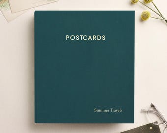 Large Postcard Album with Teal Cotton Cover | 2 Postcards Per Clear Sleeve | Up to 5x7 Postcards | Shows Both Front and Back of Cards