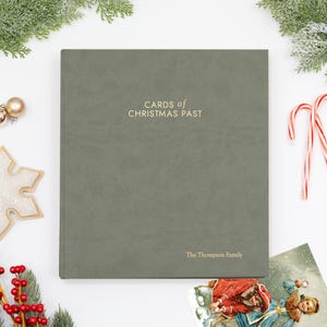 PERSONALIZED Cards of Christmas Past Album | Moss Vegan Leather Cover | Includes your Custom Gold Foil Embossing | Up to 100 Cards | 1&quot; Ring