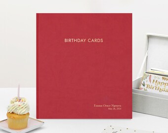 Personalized Birthday Card Binder with Red Vegan Leather Cover Gold Embossed Album Gift