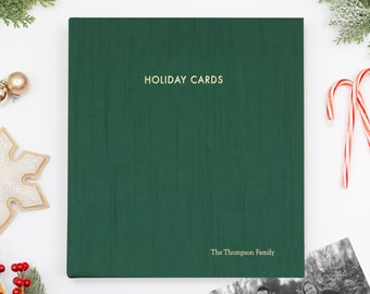 PERSONALIZED Holiday Card Album with Emerald Silk Cover | Price Includes Custom Gold Foil Embossing | Holds up to 100 Cards | 1" Rings