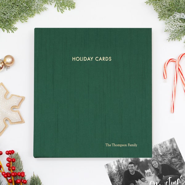 PERSONALIZED Holiday Card Album with Emerald Green Silk Cover | Price Includes Custom Gold Foil Embossing | Holds up to 100 Cards | 1" Rings