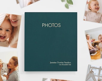 Large 5x7 Photo Binder with Teal Cotton Cover | Price Includes Custom Gold Foil Embossing | Hold up to 200 Photos | 1 Inch Rings