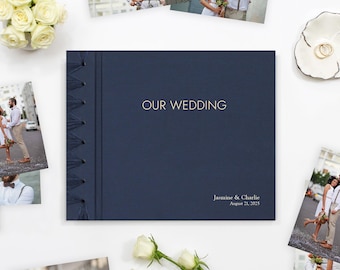 Personalized "Our Wedding" Album with Navy Blue Cotton Cover | Paper Page Memory Book Photo Album Handmade Keepsake Embossed