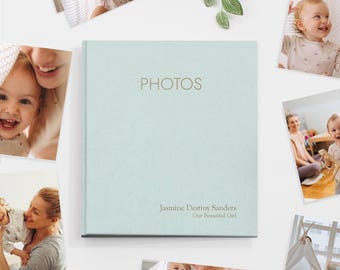PERSONALIZED 5x7 Photo Binder with Light Blue Cotton Cover | Price Includes Custom Gold Foil Embossing | Binder Holds up to 200 Photos