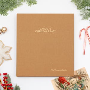 PERSONALIZED Cards of Christmas Past Album | Gold Silk Cover | Includes your Custom Gold Foil Embossing | Up to 100 Cards | 1&quot; Ring