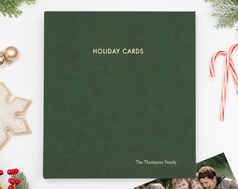 PERSONALIZED Holiday Card Album with Pine Vegan Leather Cover | Price Includes Custom Gold Foil Embossing | Holds up to 100 Cards | 1" Rings