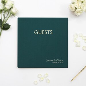 Personalized Guest Book - 10 x 10 Custom Teal Cotton Wedding Guestbook Sign-in for Reception Engagement Party Modern Blank Polaroid Luxury