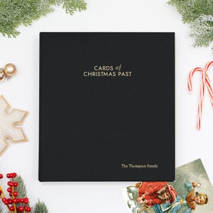 PERSONALIZED Cards of Christmas Past Album | Black Vegan Leather | Includes your Custom Gold Foil Embossing | Up to 100 Cards | 1&quot; Ring