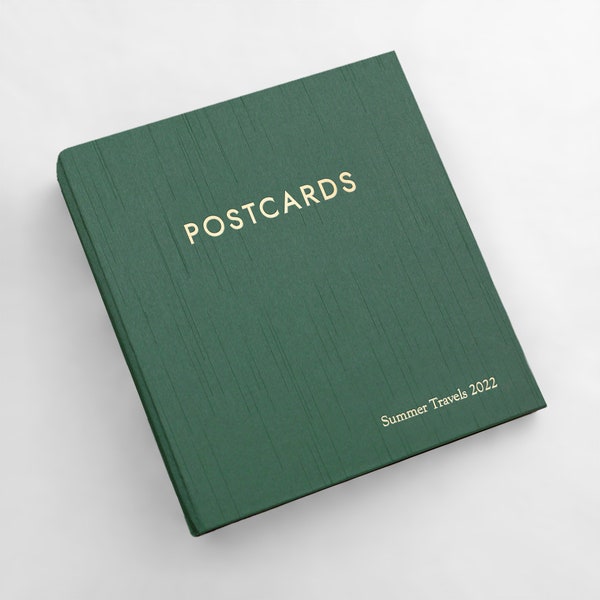 Medium Postcard Album with Emerald Green Silk Cover | 2 Postcards Per Clear Sleeve | Holds 4x6 Postcards | Shows Both Front & Back of Cards