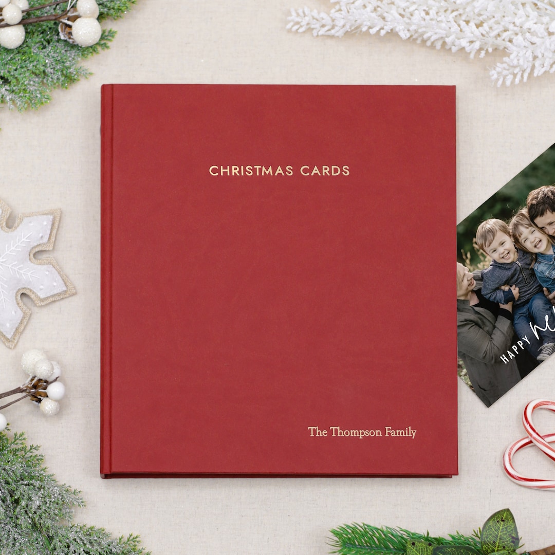PERSONALIZED Christmas Card Album With Red Vegan Leather Cover Includes