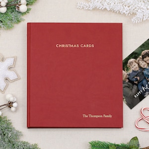 PERSONALIZED Christmas Card Album with Red Vegan Leather Cover | Includes Custom Gold Foil Embossing | Holds up to 100 Cards | 1&quot; Rings