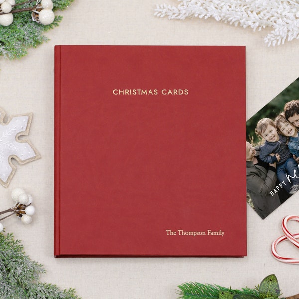 PERSONALIZED Christmas Card Album with Red Vegan Leather Cover | Includes Custom Gold Foil Embossing | Holds up to 100 Cards | 1" Rings