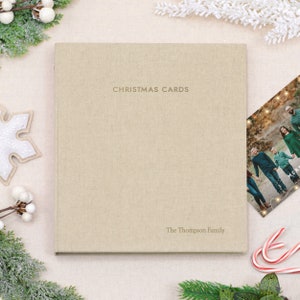 PERSONALIZED Christmas Card Album with Natural Linen Cover | Price Includes Custom Gold Foil Embossing | Holds up to 100 Cards | 1" Rings