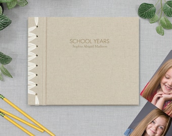 Personalized Handmade School Years Memory Album with Natural Linen School Photo Album Keepsake School Memory Graduation Gift Gold Embossed