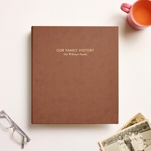 May include: A brown, rectangular, hardbound book with the text "OUR FAMILY HISTORY" and "The Williams Family" printed in white on the front cover. The book is positioned next to a pair of eyeglasses and a stack of vintage black and white photographs.