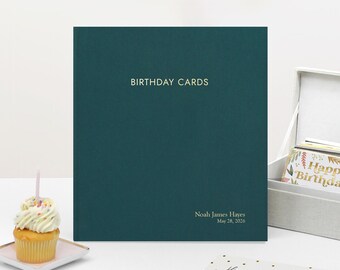 Personalized Birthday Card Binder with Teal Blue Cotton Cover Gold Embossed Album Gift