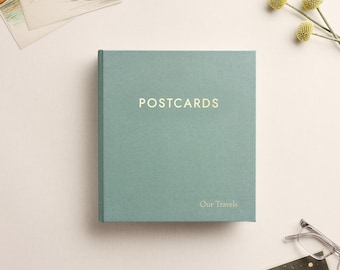 Medium Postcard Album with Jade Green Cotton Cover | 2 Postcards Per Clear Sleeve | Holds 4x6 Postcards | Shows Front and Back of Cards